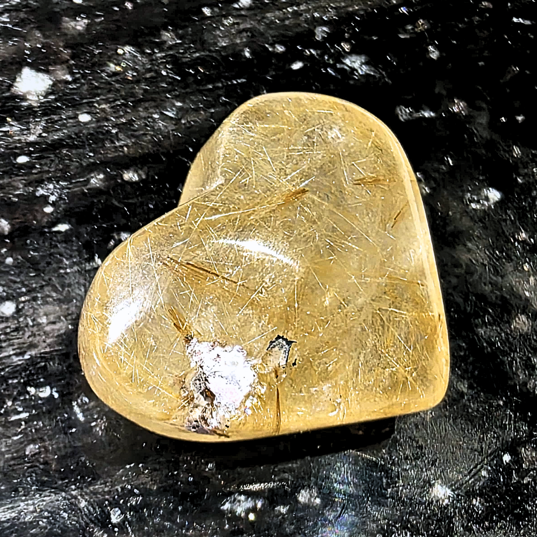 Golden Rutile Heart Carving with Rainbows