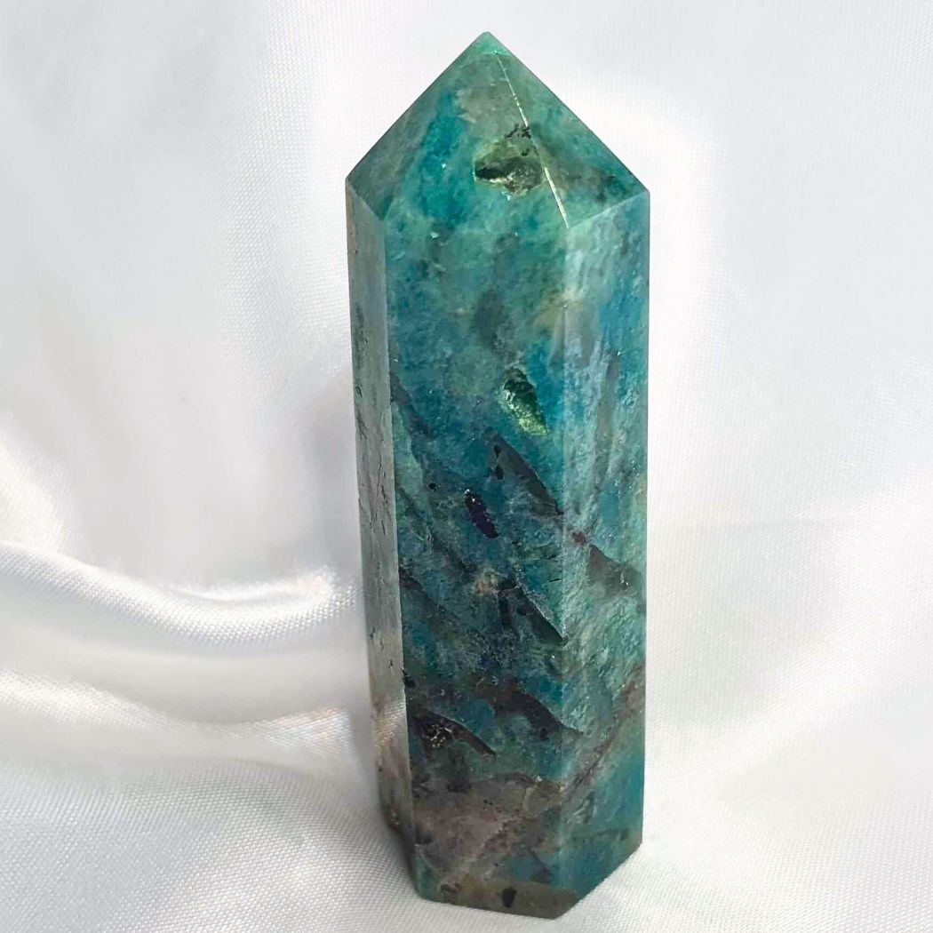 Blue Apatite with Black Tourmaline & Smoky Quartz Tower Point