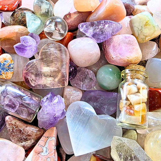 Love crystal confetti scoop mix with pink rose quartz tumbles, raw points, and heart shaped mini carvings
