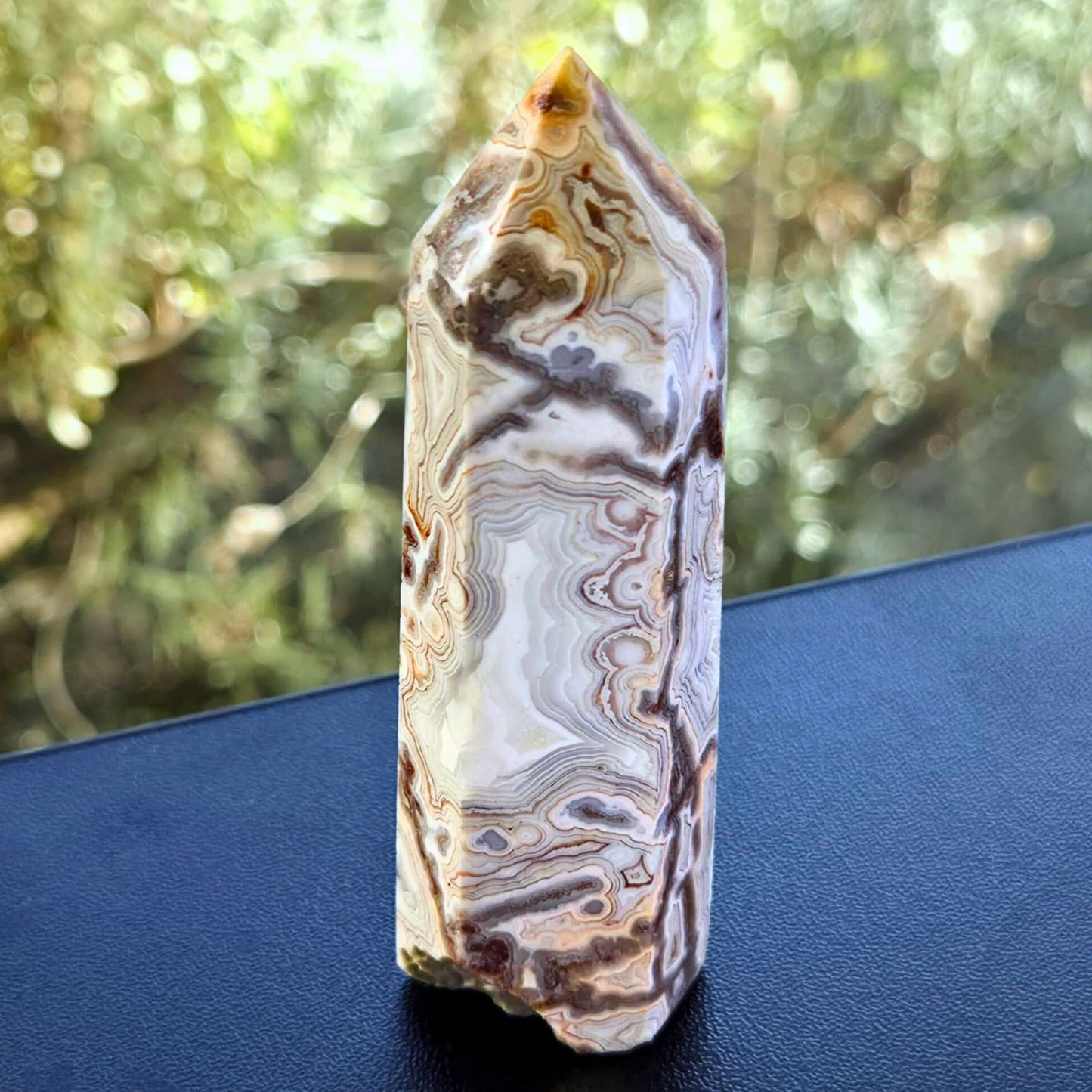 Crazy Lace Agate with Druzy Botryoidal Quartz Tower Point