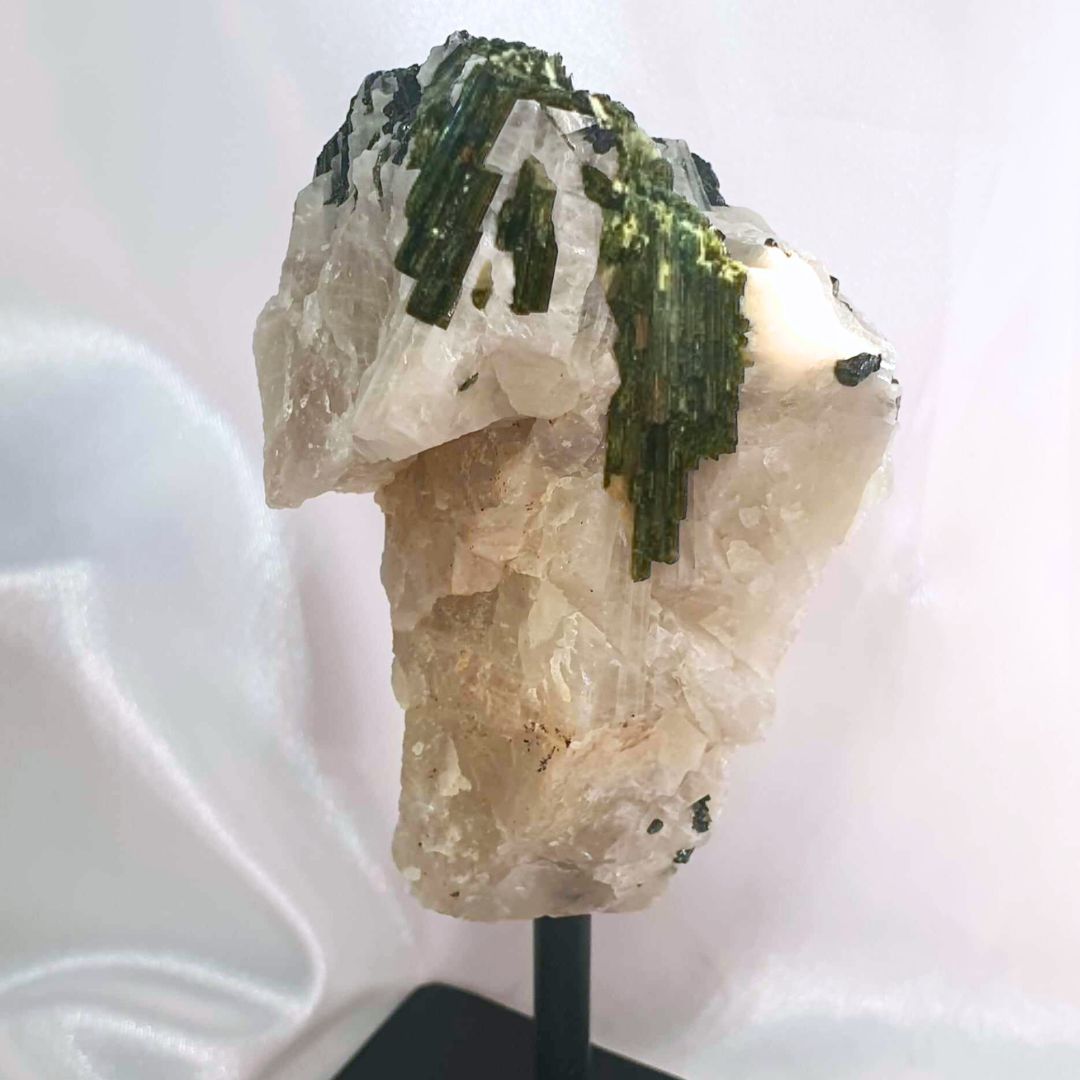 Rare Green Tourmaline on Quartz Cluster on Metal Stand - 306g