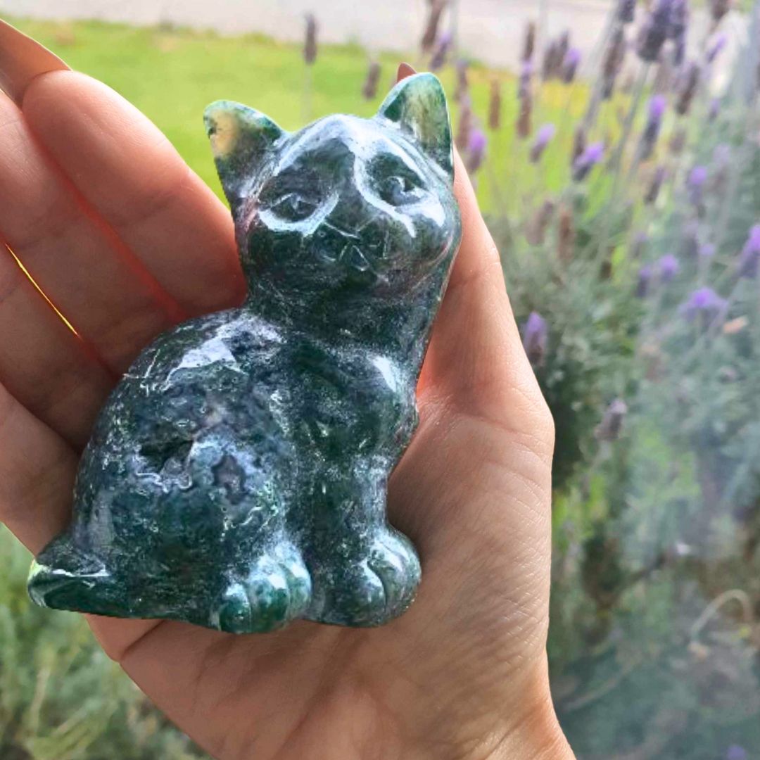 Large Moss Agate Cat Carving