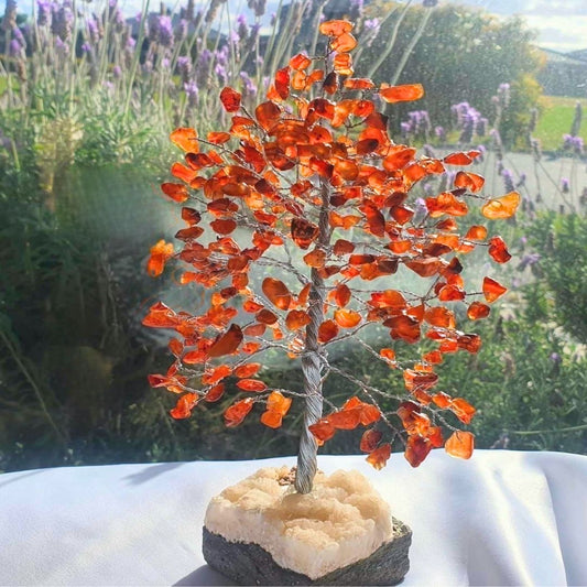 Large Carnelian Crystal Wire Wrapped Tree on a Stilbite Base - 28cm