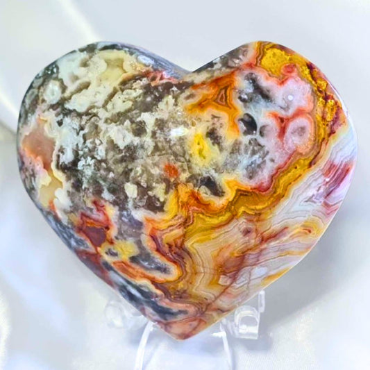 Crazy Lace Agate Puffy Heart Carving - includes stand