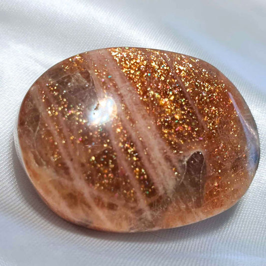 Extra Grade Sunstone & Black Tourmaline Small Palm Stone with Rainbow Flash