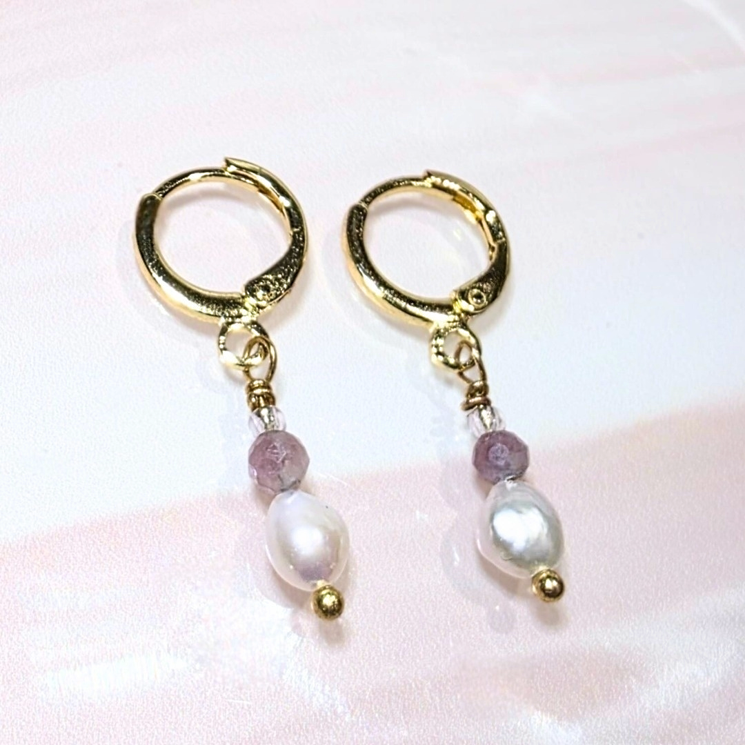 Dainty Faceted Pink Tourmaline & Pearl Drop Earrings