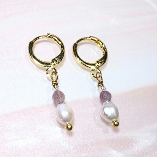 Dainty Faceted Pink Tourmaline & Pearl Drop Earrings