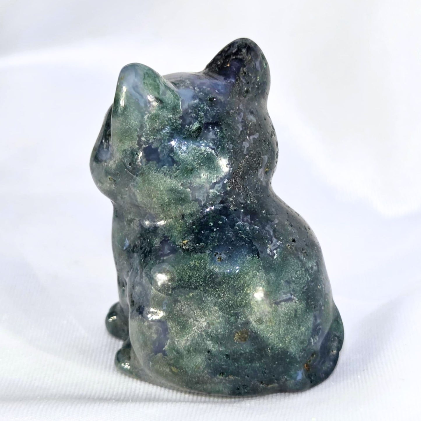 Moss Agate & Blue Chalcedony Cat Carving