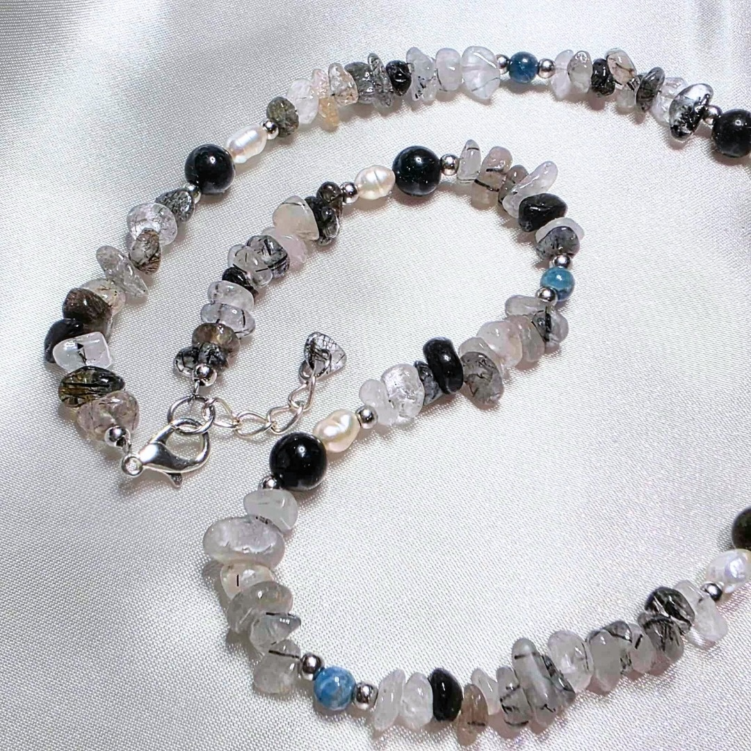 Black Tourmaline in Quartz, Apatite & Freshwater Pearl Necklace