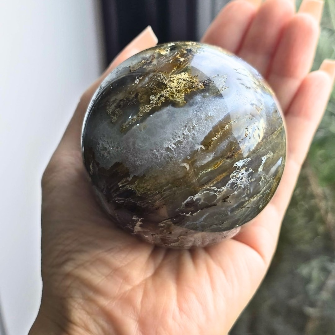 Moss Agate & Blue Chalcedony Sphere - 392g