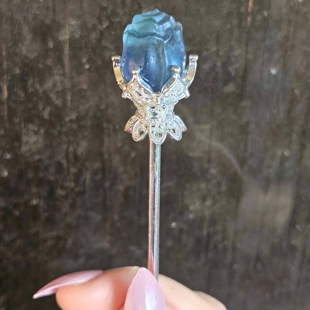 Blue Fluorite Rose Carving with Metal Stem