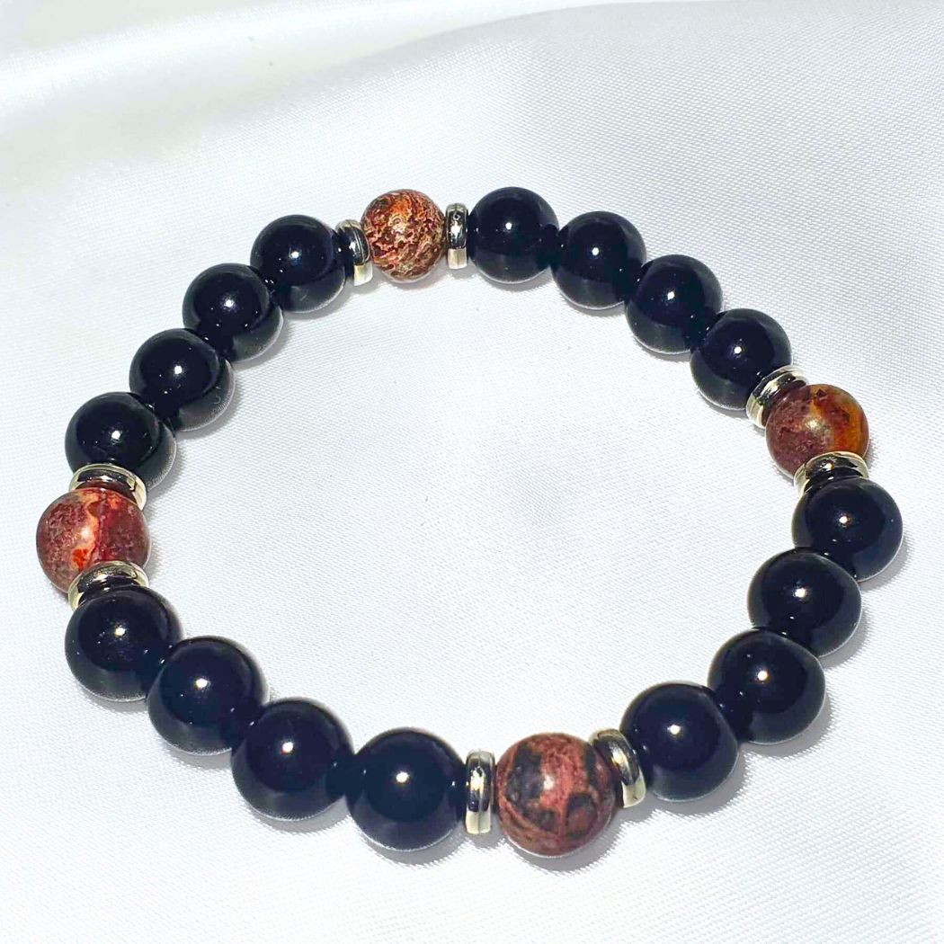 Genuine Obsidian and Orbicular Jasper Bracelet