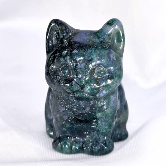 Moss Agate & Blue Chalcedony Cat Carving