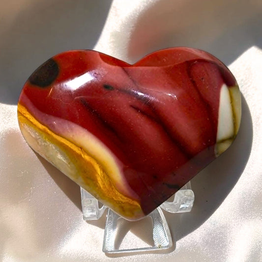High Grade Pink-Red & Yellow Mookaite Heart - includes stand
