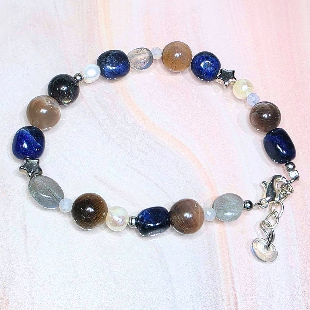 Moonstone, Sodalite, Labradorite & Pearl Crystal Adjustable Bracelet