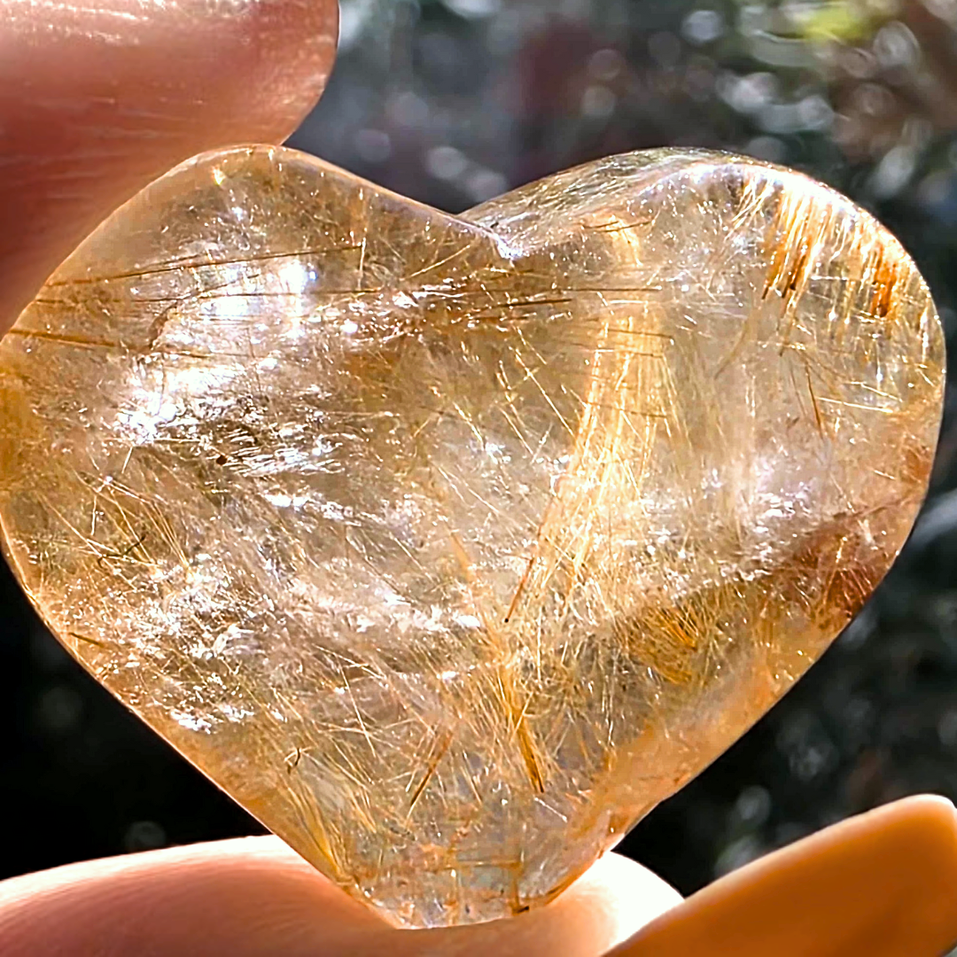 Golden Rutile Heart Carving with Rainbows