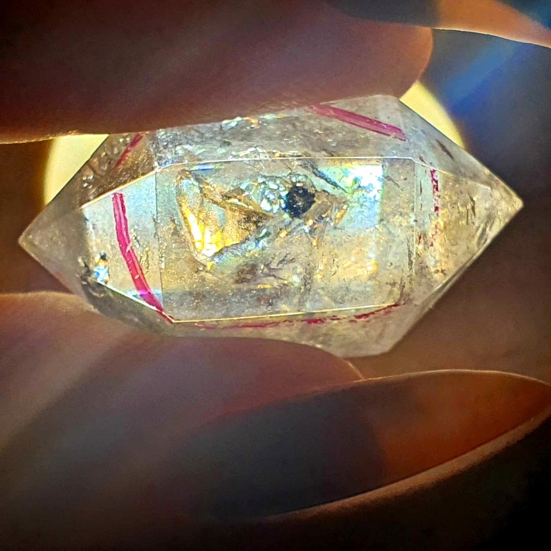 Natural Double Terminated Clear Quartz with Moving Carbon Enhydro