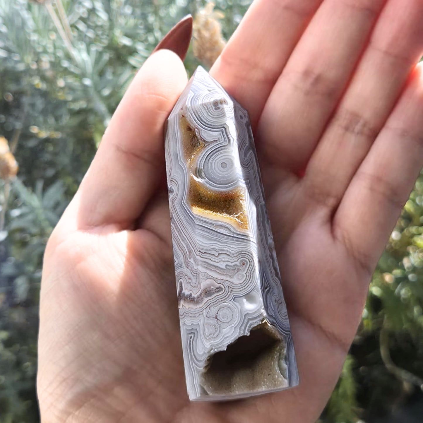 Crazy Lace Agate with Druzy Botryoidal Quartz Tower Point