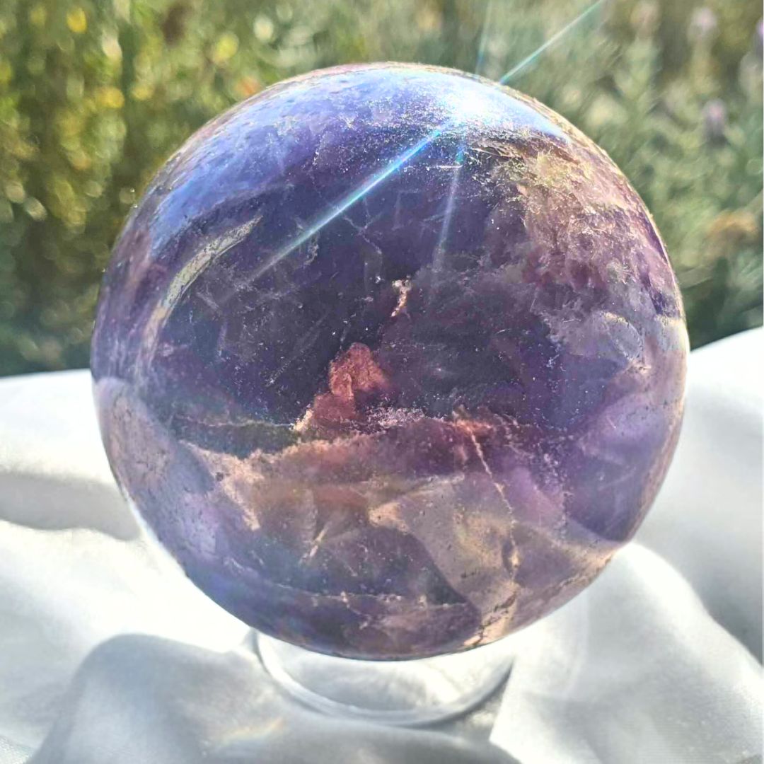 Unicorn Stone with Smoky Quartz, Pink Tourm & Lepidolite Sphere - includes stand, 318g