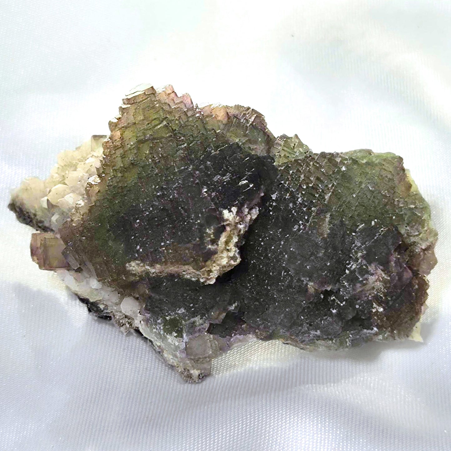 Stepped Purple Green Fluorite on Candle Quartz & Metallic Hematite Specimen