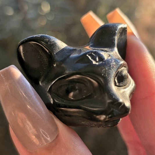 Black Obsidian Triple Eye Cat Protection Crystal Carving