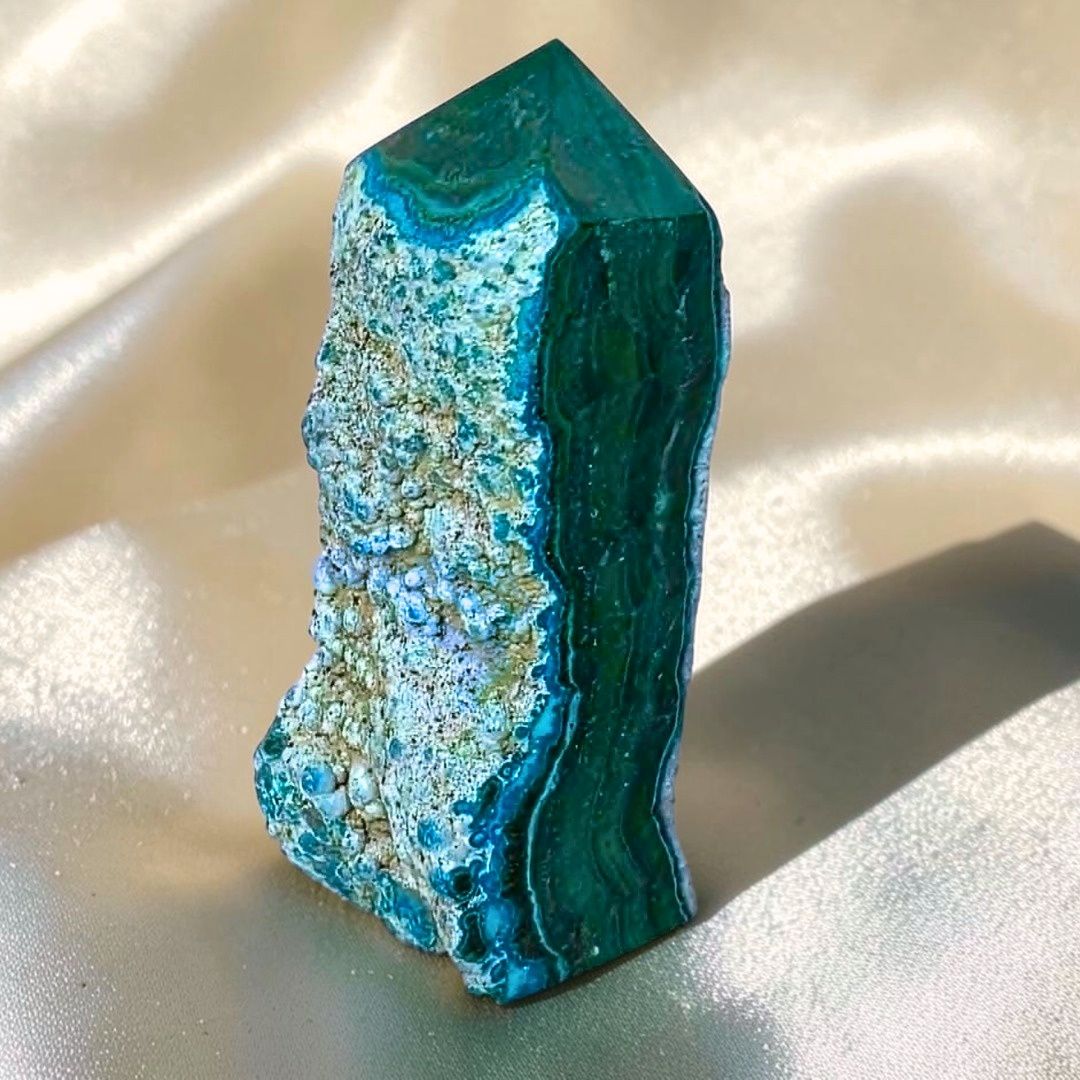 Malacolla tower specimen showing natural teal botryoidal chrysocolla and green malachite mineral structures.