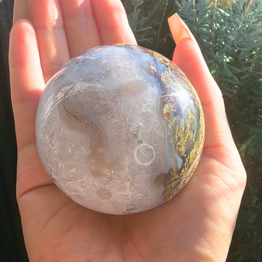 High Grade Moss Agate & Blue Chalcedony Crystal Sphere - 280g