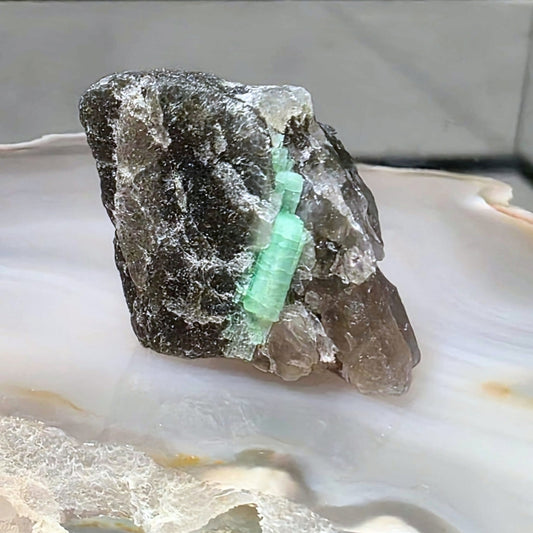 Emerald in Smoky Quartz Crystal Cluster