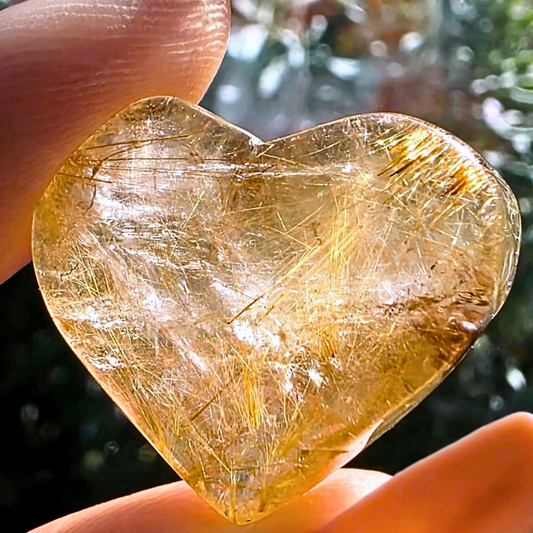Golden Rutile Heart Carving with Rainbows