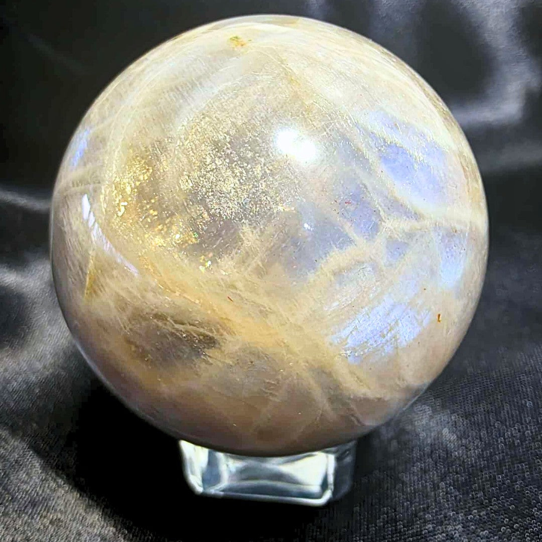 White Moonstone with Rainbow Sunstone Sphere - includes stand