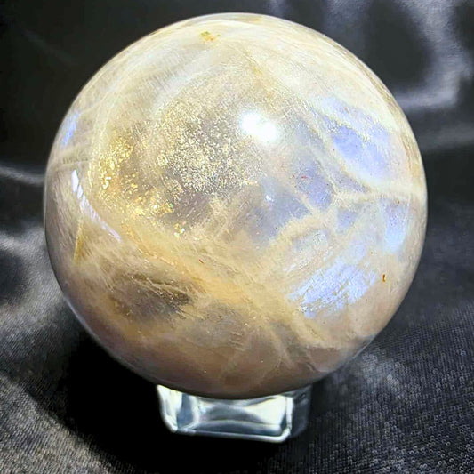 White Moonstone with Rainbow Sunstone Sphere - includes stand