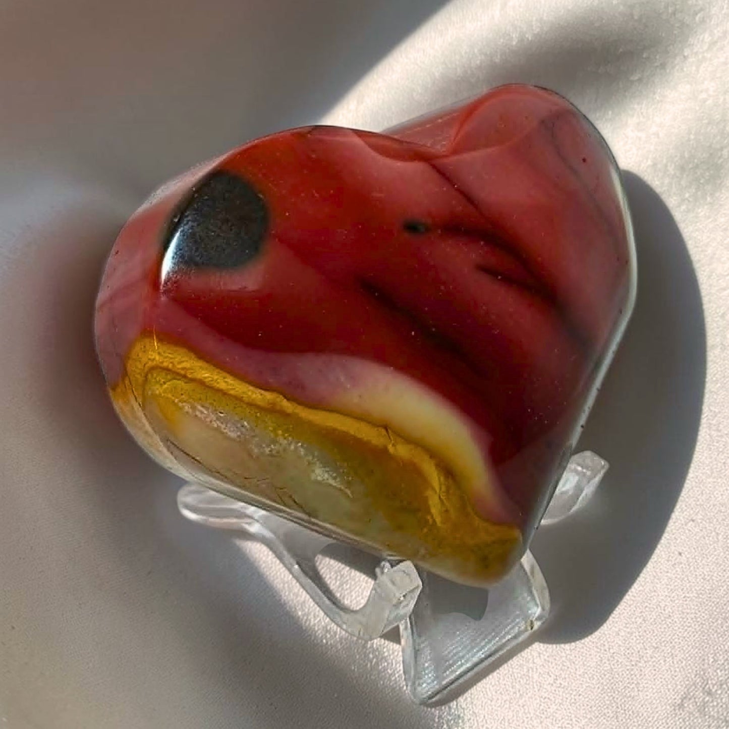 High Grade Pink-Red & Yellow Mookaite Heart - includes stand