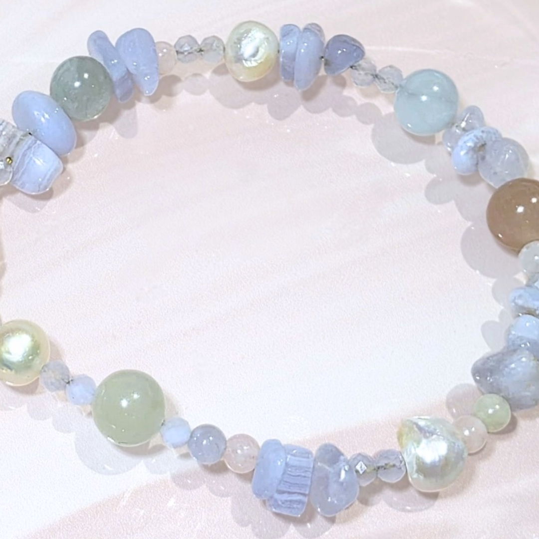 Blue Lace Agate, Morganite & Freshwater Pearl Bracelet