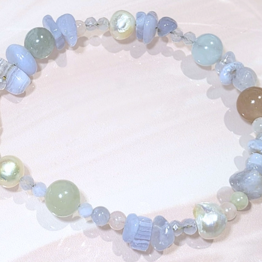 Blue Lace Agate, Morganite & Freshwater Pearl Bracelet