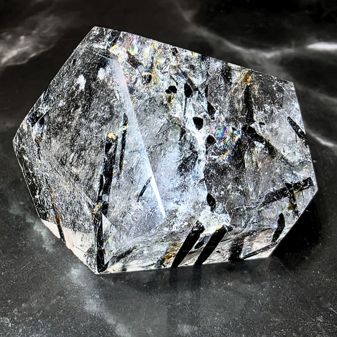 Black Tourmaline in Quartz Freeform with Rainbows
