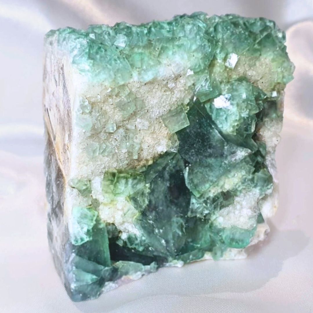 Green Cubic Fluorite with Sugar Druzy Quartz Free Form - 455g