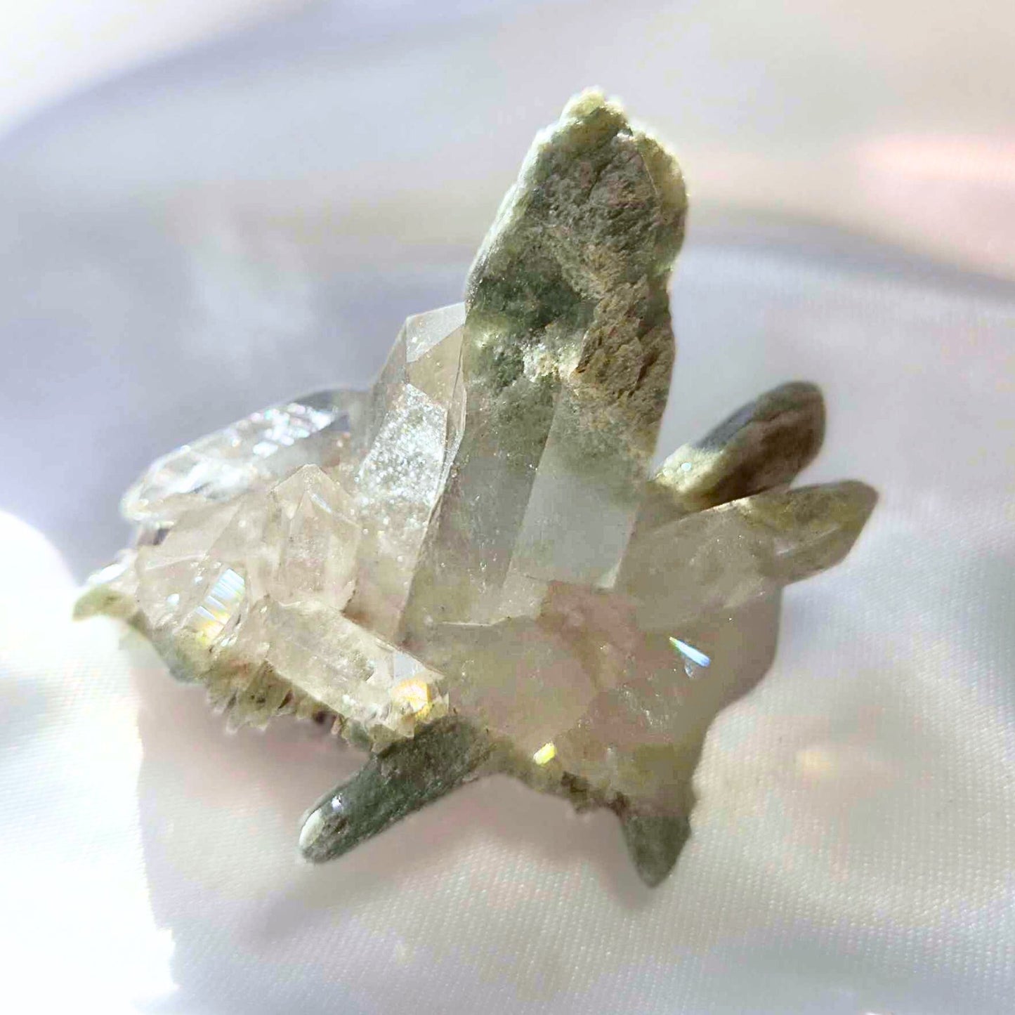 Chlorite in Quartz Crystal Cluster with Rainbows