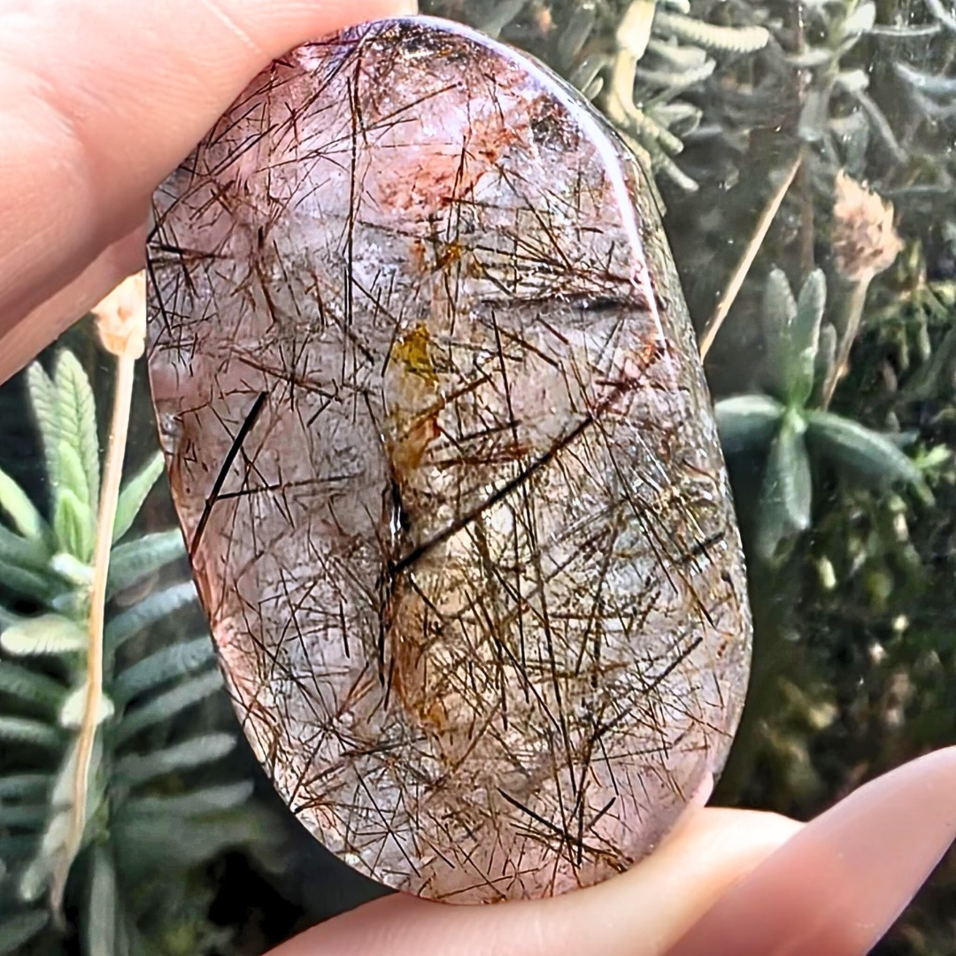 Black & Red Rutile in Garden Quartz Palm Stone