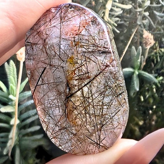 Black & Red Rutile in Garden Quartz Palm Stone