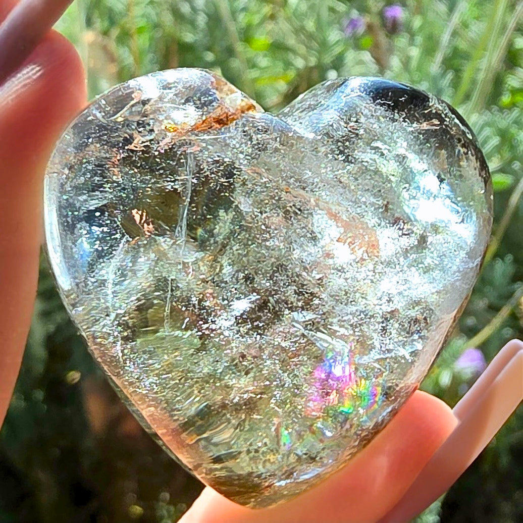 Garden Quartz (Lodolite) Puffy Heart with Rainbows - includes stand
