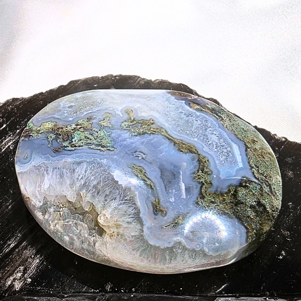 Scenic Moss Agate & Blue Chalcedony Crystal Palm Stone