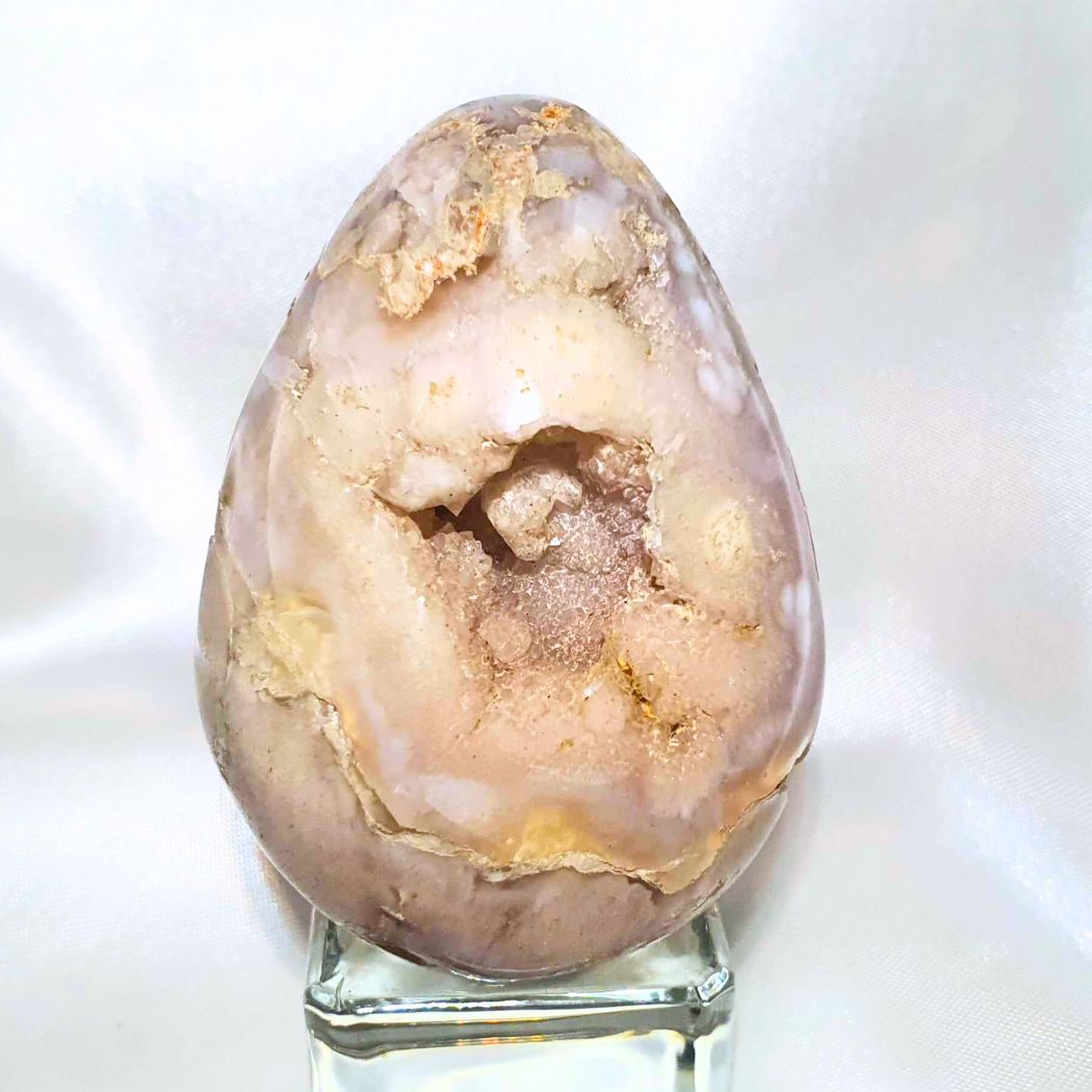 Flower Agate & Pink Amethyst Druzy Egg Carving