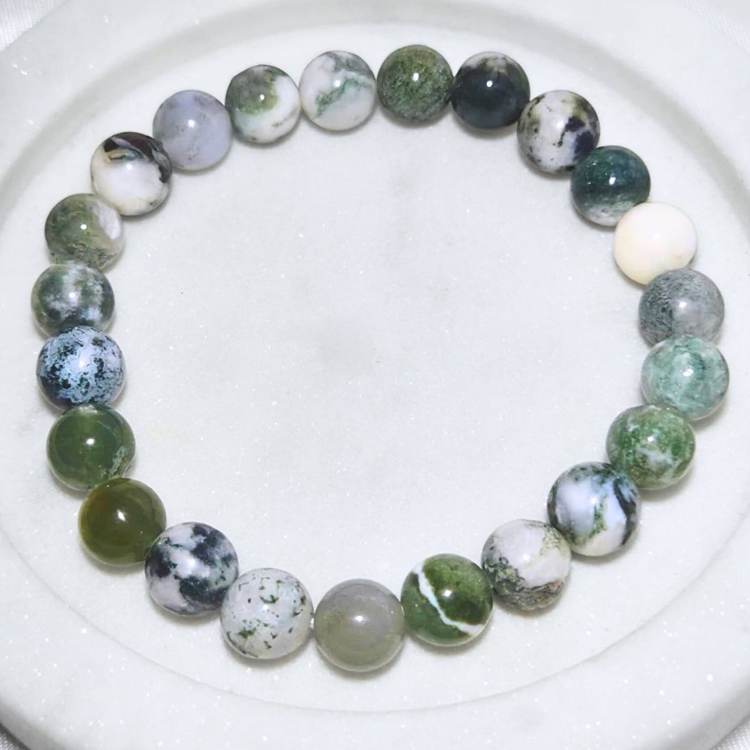 High Grade Moss Agate with Chalcedony 8mm Bead Bracelet