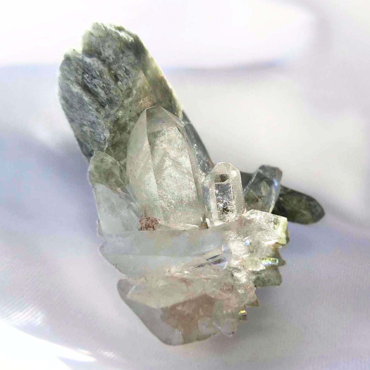 Chlorite in Quartz Crystal Cluster with Rainbows