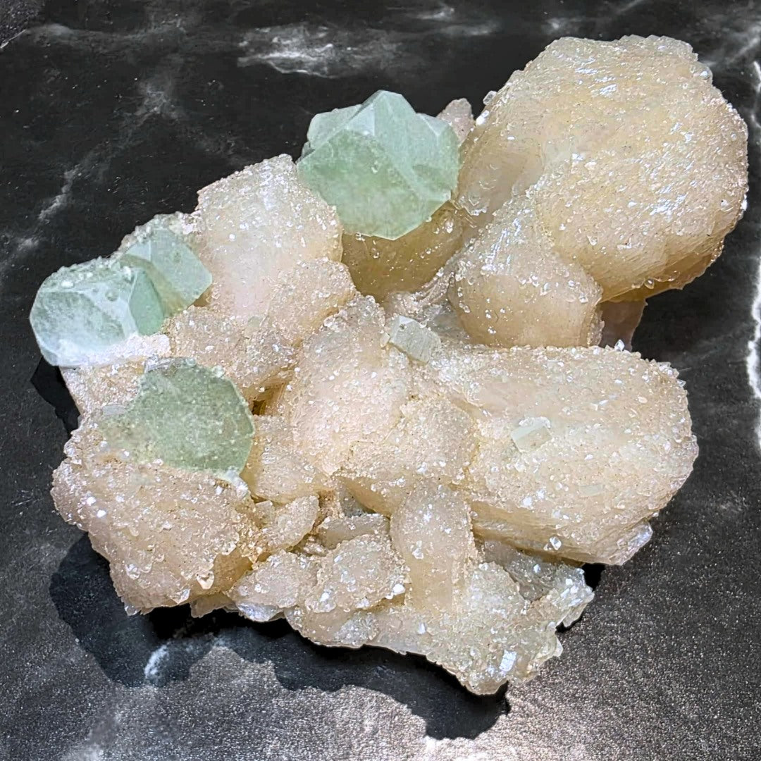 Large Stilbite with Sugar Green Cubic Apophyllite Cluster - 205g
