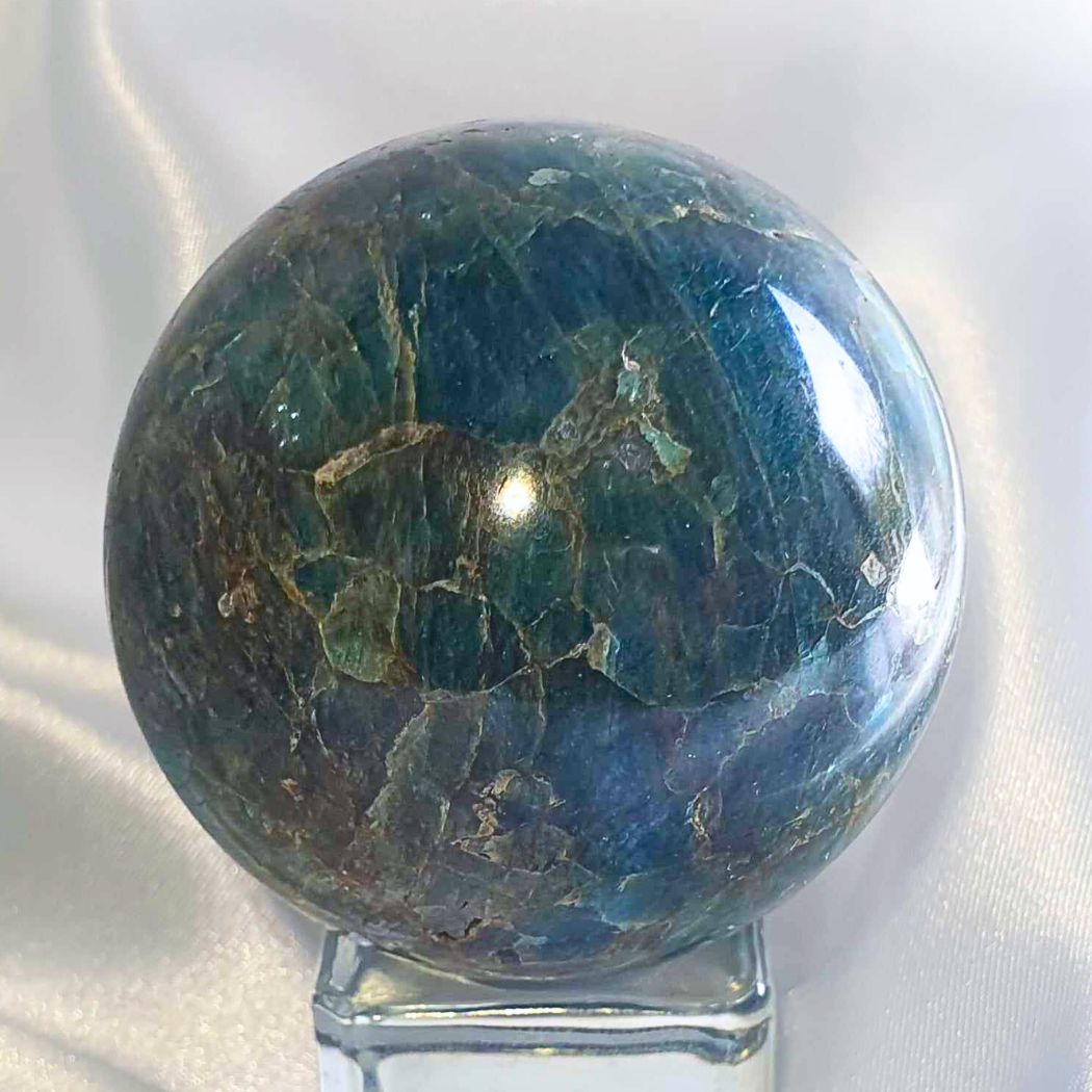 Blue Apatite Sphere with Silver Flash - stand included, 211g