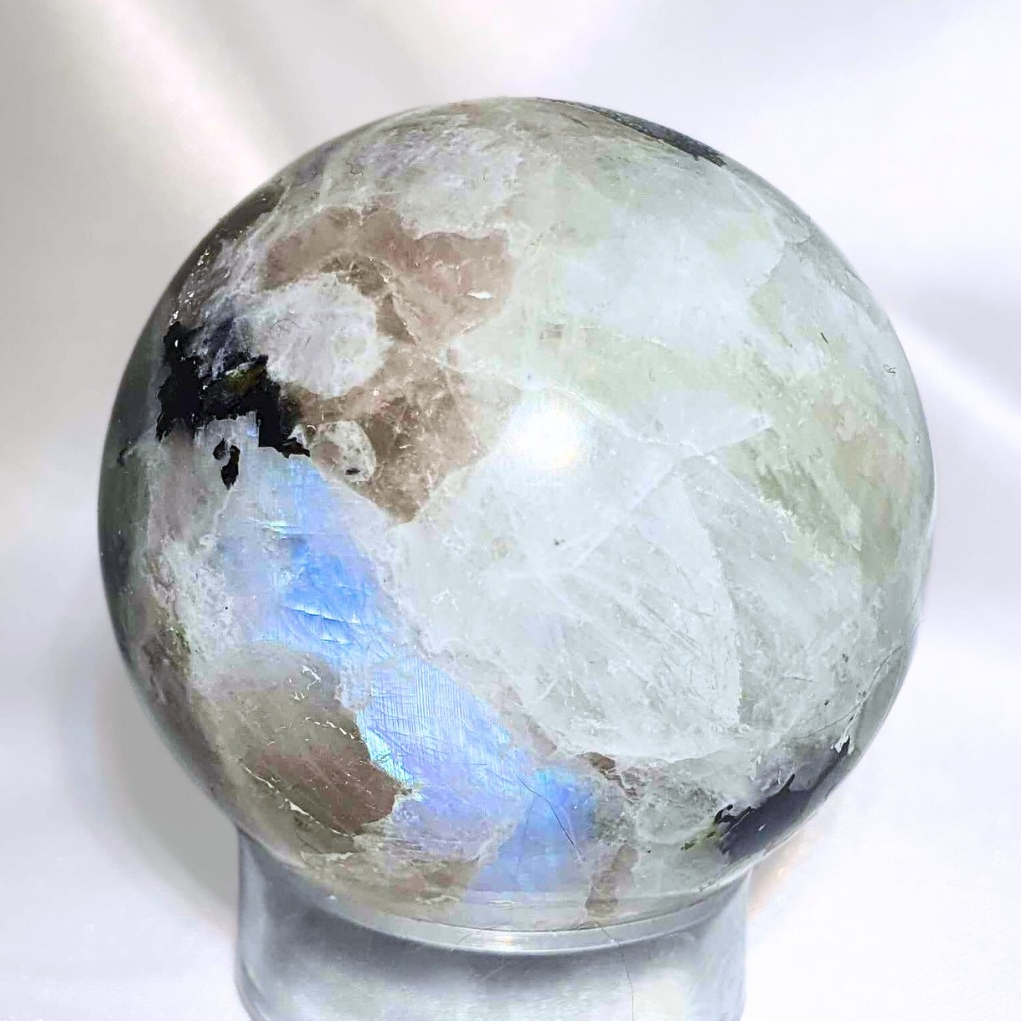 High Grade Rainbow Moonstone, Smoky Quartz & Tourmaline Sphere - holder included