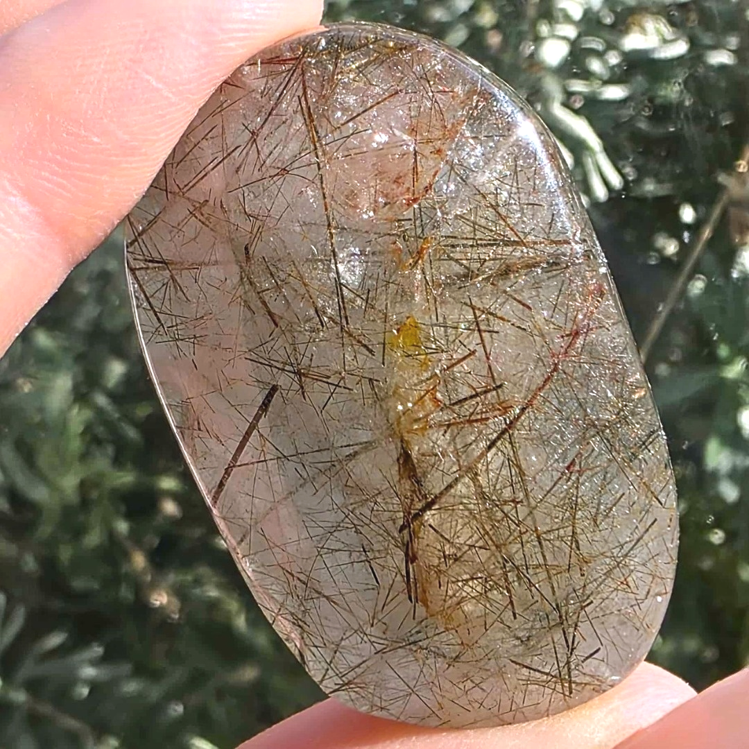 Black & Red Rutile in Garden Quartz Palm Stone