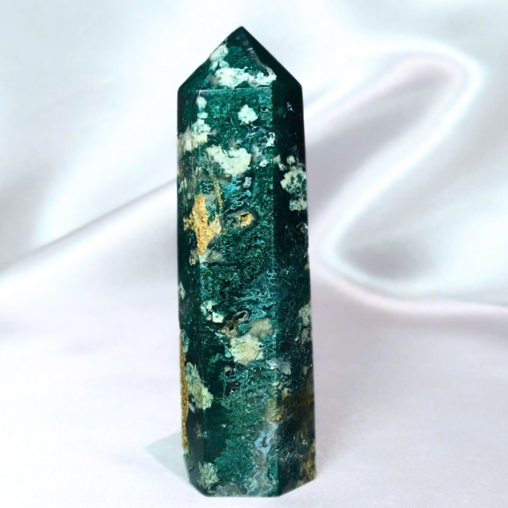 Moss Agate Tower with Druzy