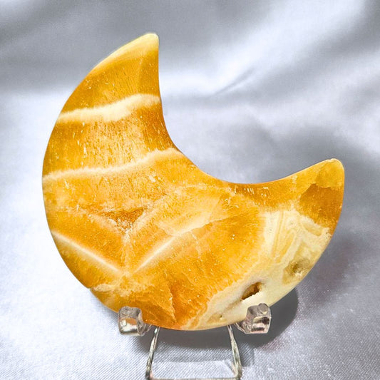 Orange Sherbet Calcite Moon Carving with Druzy - holder included